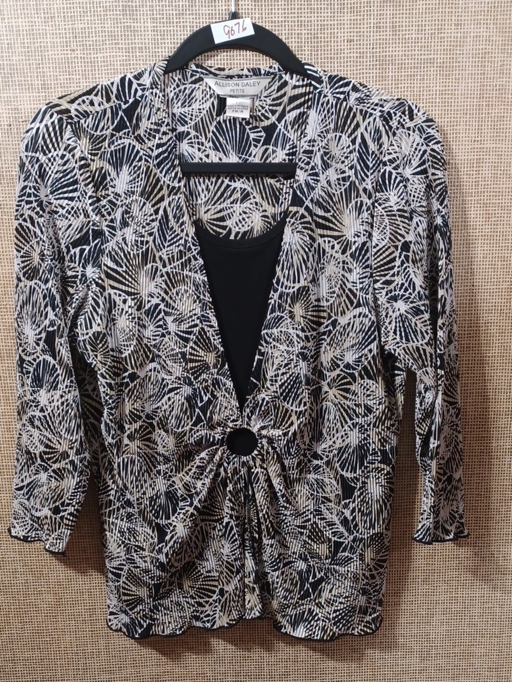 Allison Daley Black & White Leaf-Pattern Tie-Front Blouse